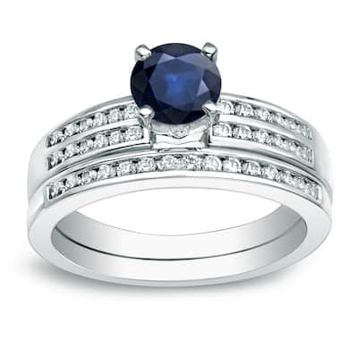 Auriya 14k Gold Round 3/5ct Sapphire and 2/5ctw Diamond Engagement Ring Set