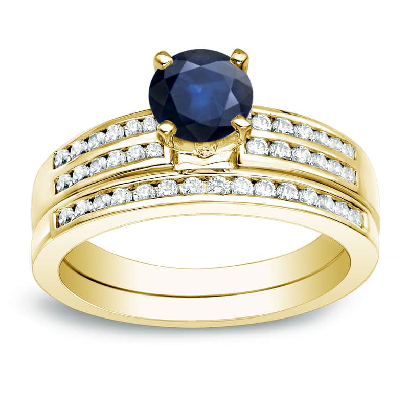 Auriya 14k Gold Round 3/5ct Sapphire and 2/5ctw Diamond Engagement Ring Set - Yellow - 4