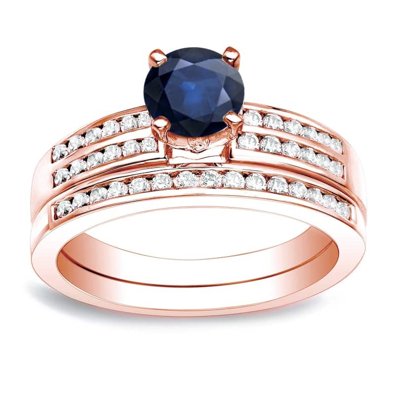 Auriya 14k Gold Round 3/5ct Sapphire and 2/5ctw Diamond Engagement Ring Set - Rose - 10