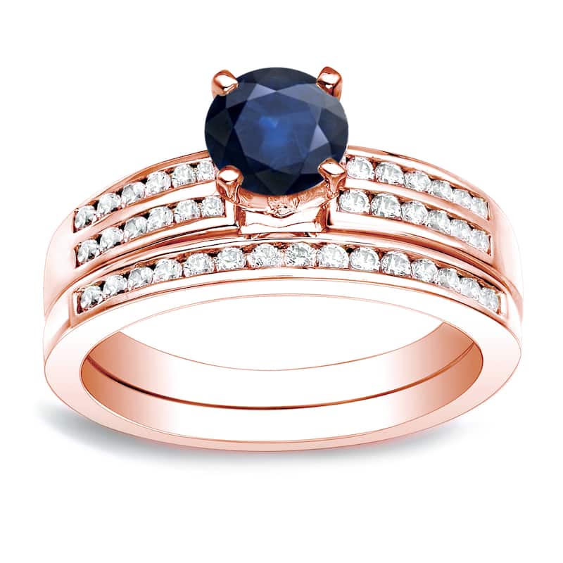 Auriya 14k Gold Round 3/5ct Sapphire and 2/5ctw Diamond Engagement Ring Set - Rose - 4