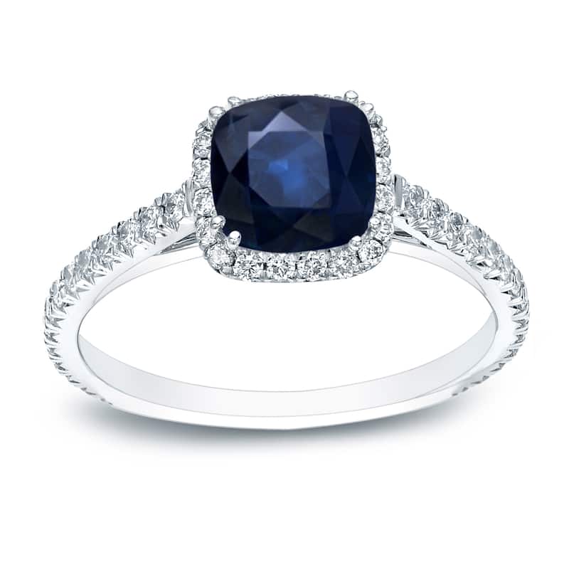 Auriya 14k Gold 3/4ct Cushion-cut Blue Sapphire and Diamond Halo Engagement Ring 3/4cttw (H-I, SI1-SI2) - 4 - White