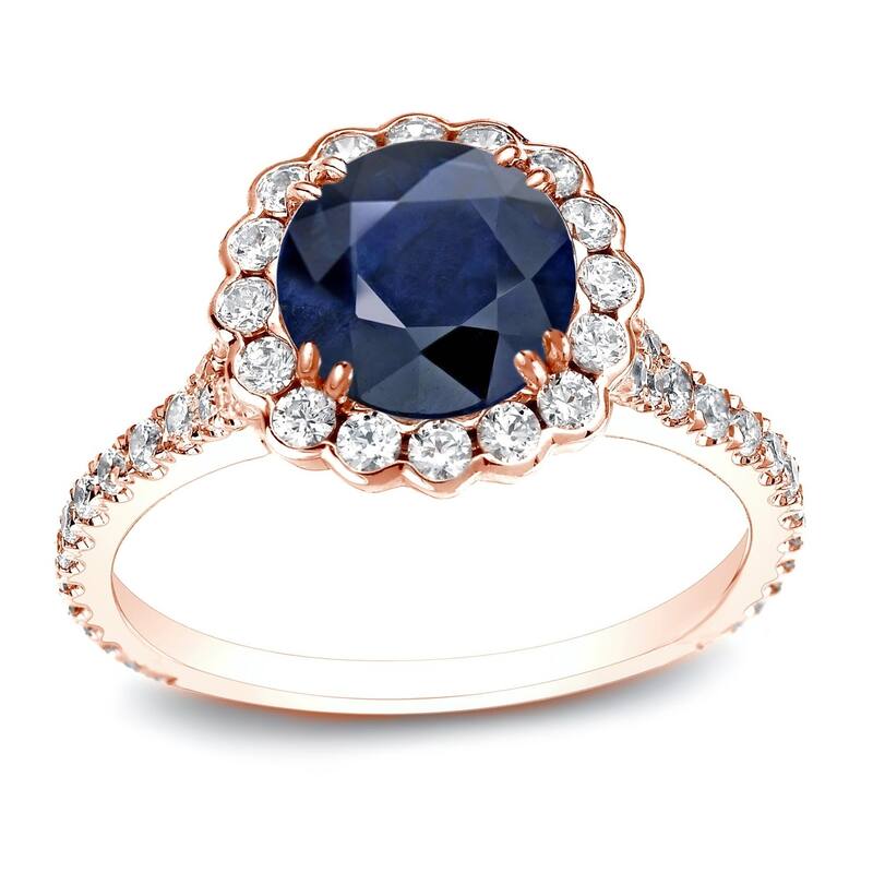 Auriya 3/4ct Round Blue Sapphire and 3/4ctw Halo Diamond Engagement Ring 14k Gold - 4 - Rose