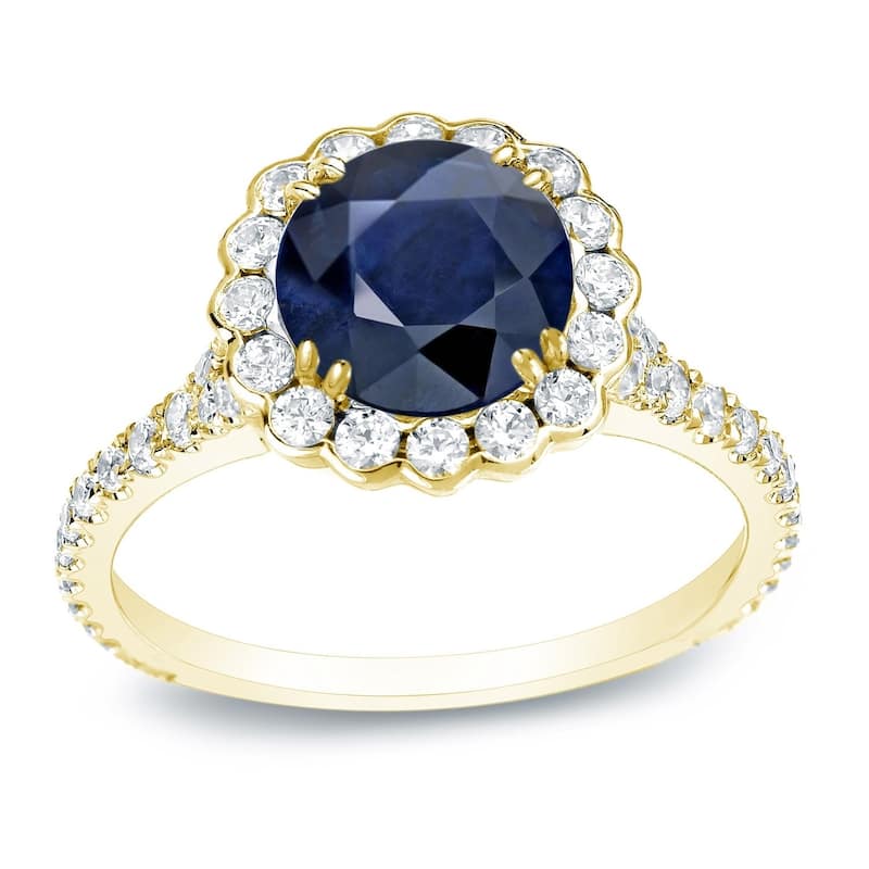 Auriya 3/4ct Round Blue Sapphire and 3/4ctw Halo Diamond Engagement Ring 14k Gold - 4 - Yellow