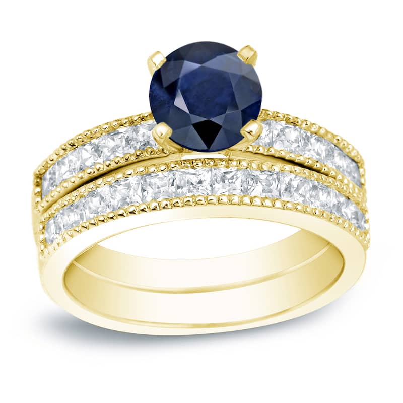 Auriya 4/5ct Blue Sapphire and 1 1/5ctw Diamond Engagement Ring Set 14K Gold - 4 - Yellow
