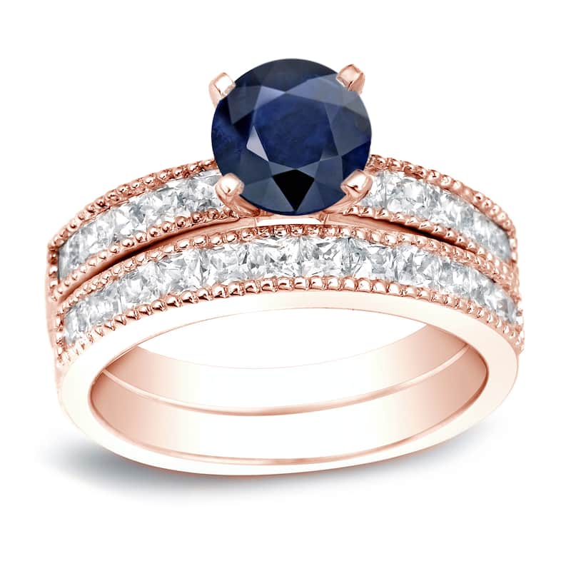Auriya 4/5ct Blue Sapphire and 1 1/5ctw Diamond Engagement Ring Set 14K Gold - 4 - Rose