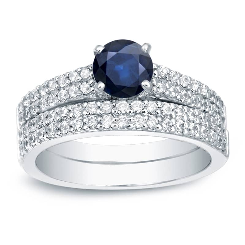Auriya 14k Gold Round 3/4ct Sapphire and 3/4ctw Pave Diamond Engagement Ring Set - White - 4