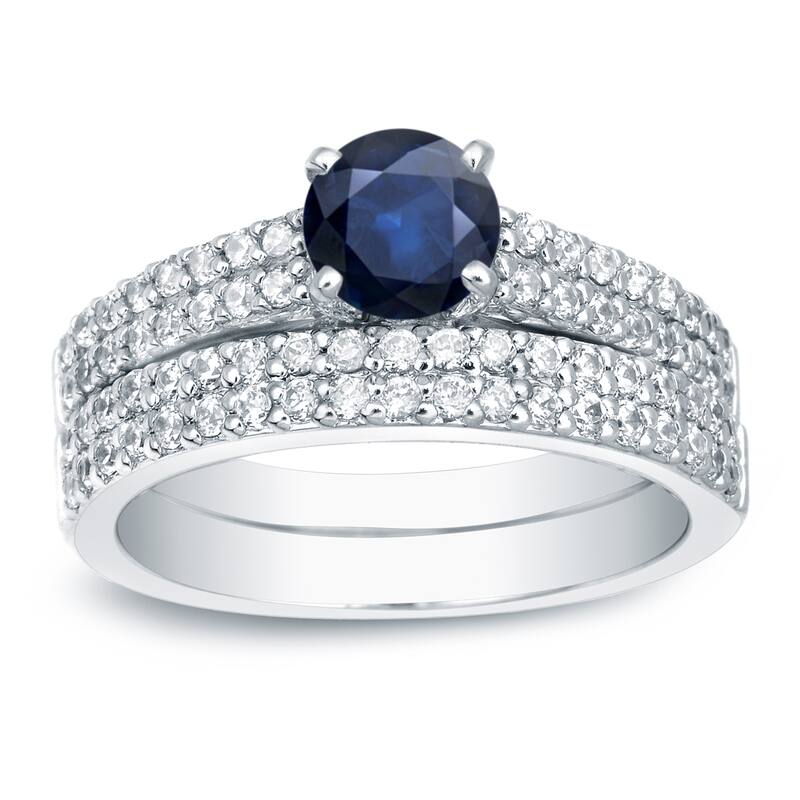 Auriya 14k Gold Round 3/4ct Sapphire and 3/4ctw Pave Diamond Engagement Ring Set