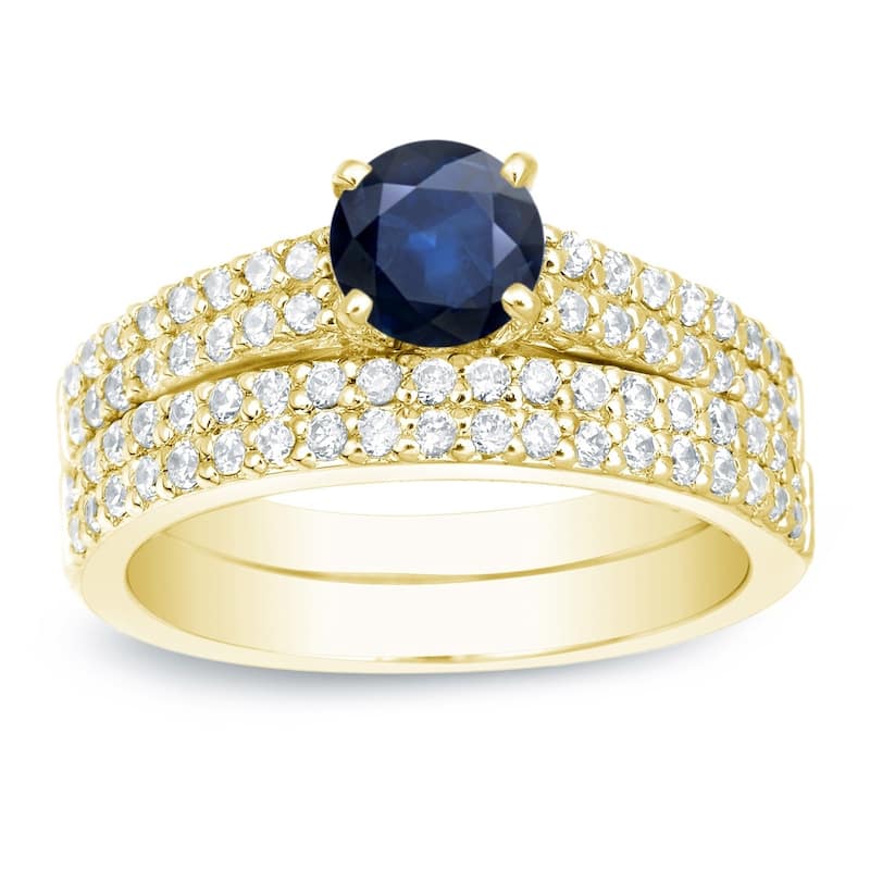 Auriya 14k Gold Round 3/4ct Sapphire and 3/4ctw Pave Diamond Engagement Ring Set - Yellow - 4