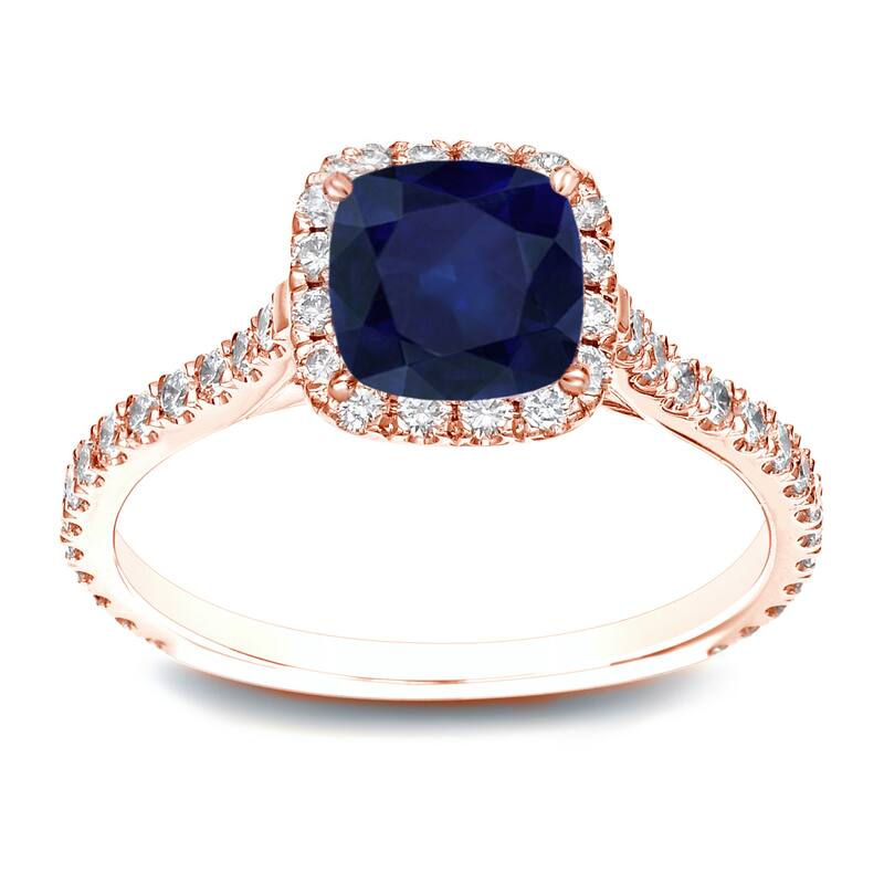 Auriya 1ct Cushion Cut Blue Sapphire and 1/2ctw Halo Diamond Engagement Ring 14k Gold - 4 - Rose