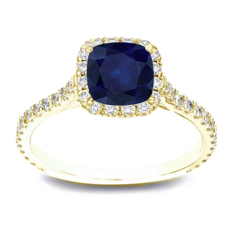 Auriya 1ct Cushion Cut Blue Sapphire and 1/2ctw Halo Diamond Engagement Ring 14k Gold - 10 - Yellow