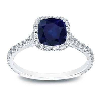 Auriya 1ct Cushion Cut Blue Sapphire and 1/2ctw Halo Diamond Engagement Ring 14k Gold