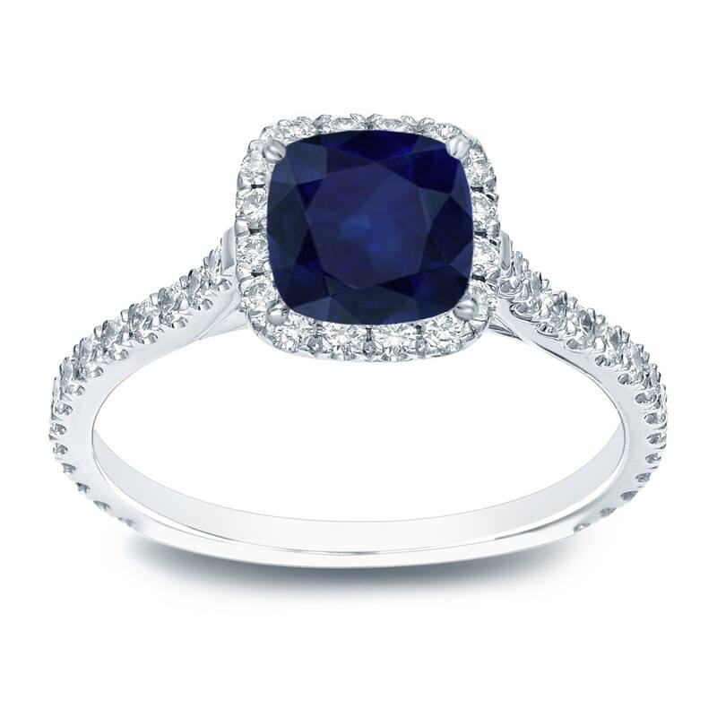 Auriya 1ct Cushion Cut Blue Sapphire and 1/2ctw Halo Diamond Engagement Ring 14k Gold - 9.5 - White