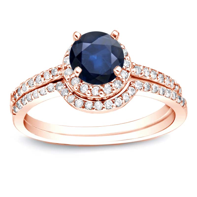 Auriya 14k Gold 3/5ct Sapphire and 2/5ctw Halo Diamond Engagement Ring Set