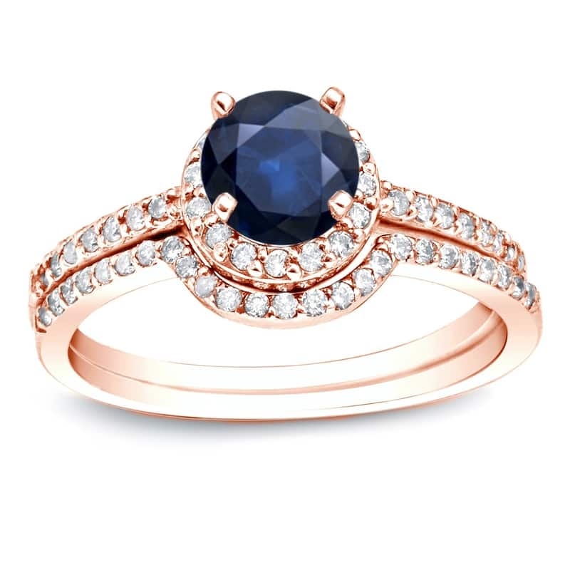 Auriya 14k Gold 3/5ct Sapphire and 2/5ctw Halo Diamond Engagement Ring Set - Rose - 4