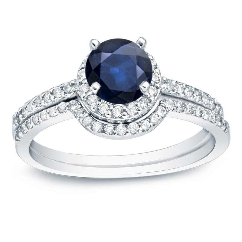 Auriya 14k Gold 3/5ct Sapphire and 2/5ctw Halo Diamond Engagement Ring Set - White - 4.5