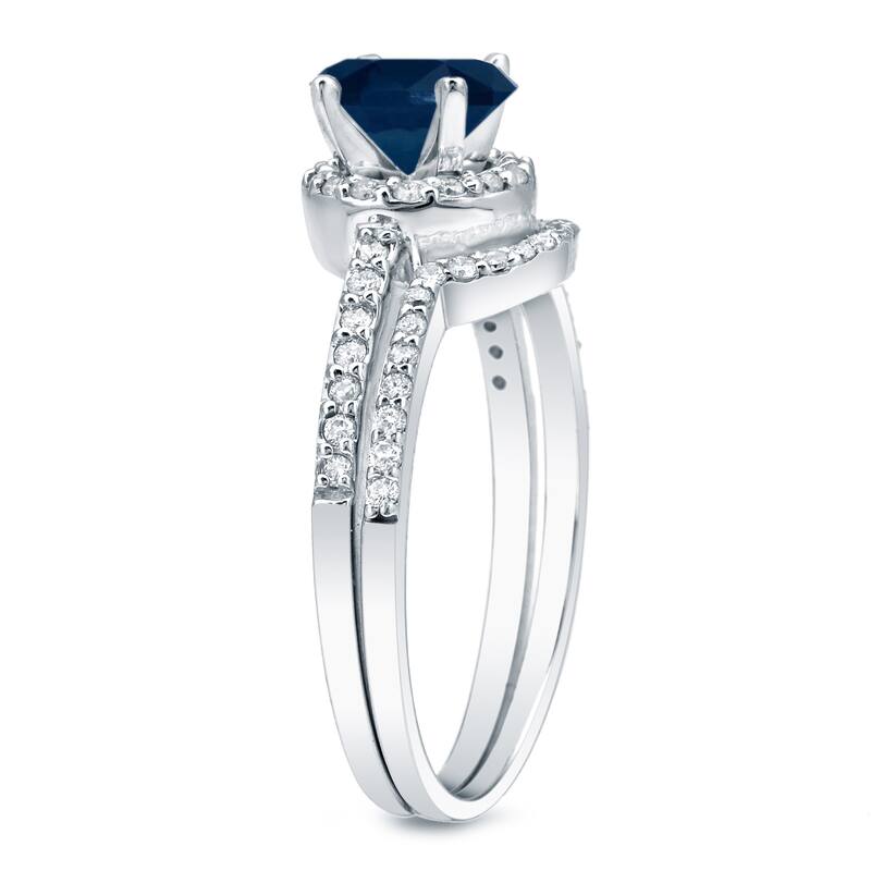 Auriya 14k Gold 3/5ct Sapphire and 2/5ctw Halo Diamond Engagement Ring Set