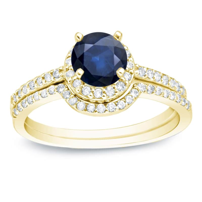 Auriya 14k Gold 3/5ct Sapphire and 2/5ctw Halo Diamond Engagement Ring Set - Yellow - 4