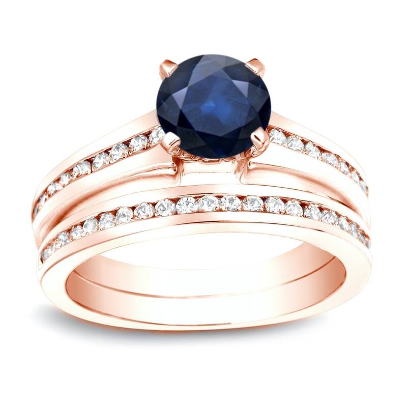 Auriya 14k Gold 1/2ct Blue Sapphire & Diamond Engagement Ring Set 1/2ctw - Rose - 9.5
