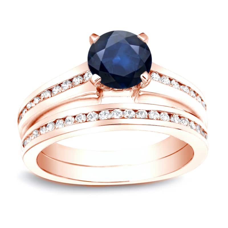Auriya 14k Gold 1/2ct Blue Sapphire & Diamond Engagement Ring Set 1/2ctw - Rose - 4
