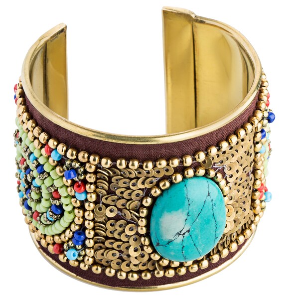 Shop Handmade Turquoise Embroidered Brass Cuff with Velvet and Beads ...