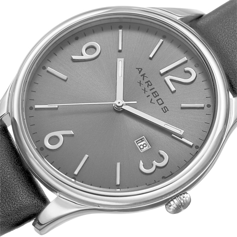 Akribos XXIV Men's Quartz Date Aperture Leather Silver-Tone Strap Watch - silver