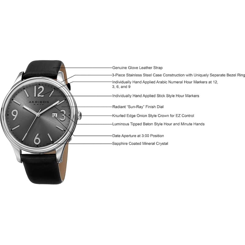 Akribos XXIV Men's Quartz Date Aperture Leather Silver-Tone Strap Watch - silver