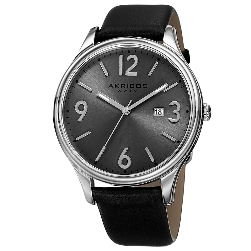 Akribos XXIV Men's Quartz Date Aperture Leather Silver-Tone Strap Watch - silver