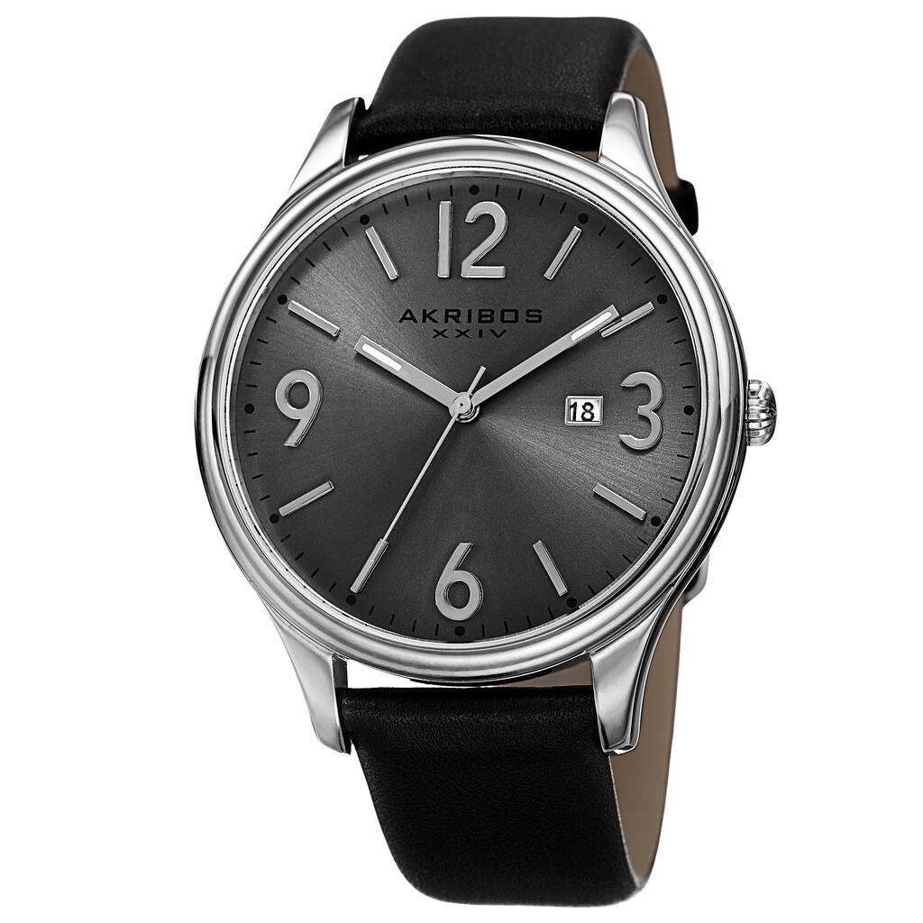 Akribos XXIV Men's Quartz Date Aperture Leather Silver-Tone Strap Watch - silver
