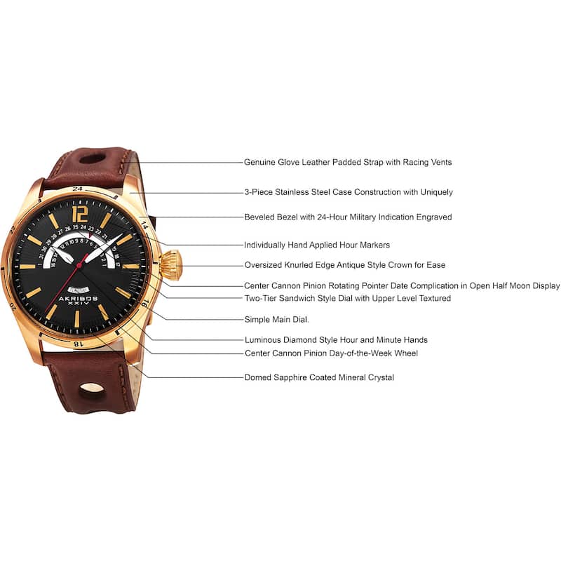 Akribos XXIV Men's Retrograde Multifunction Leather Gold-tone Strap Watch - Gold