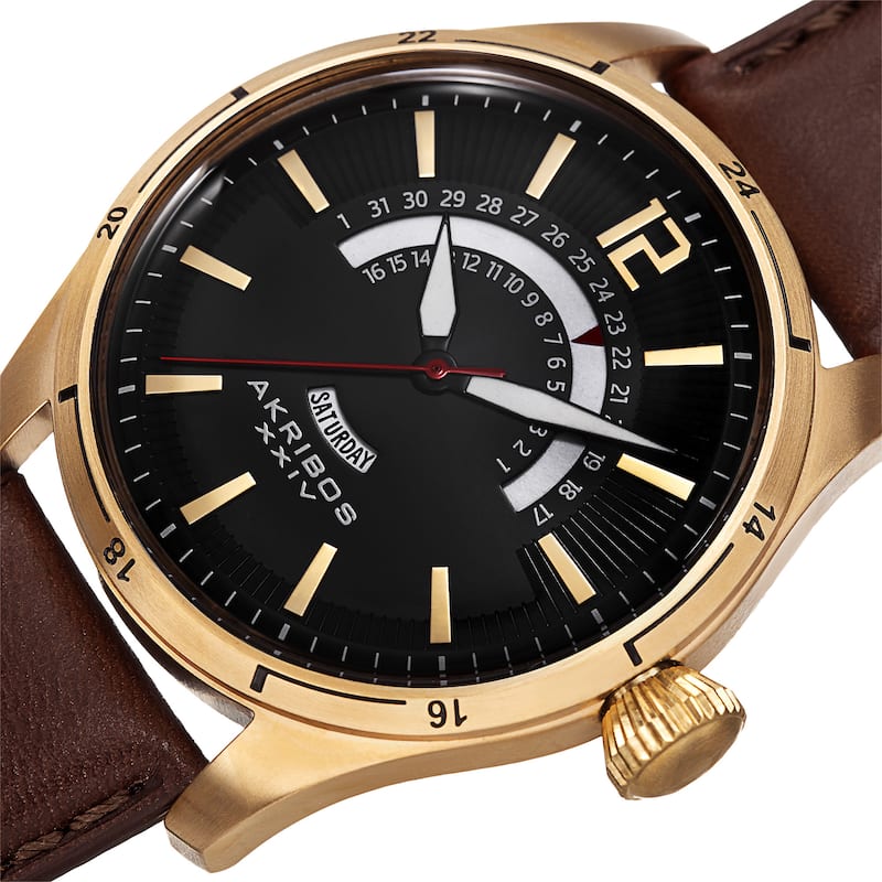 Akribos XXIV Men's Retrograde Multifunction Leather Gold-tone Strap Watch - Gold