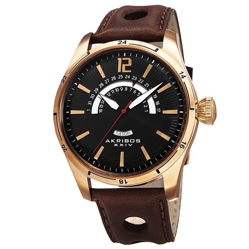 Akribos XXIV Men's Retrograde Multifunction Leather Gold-tone Strap Watch - Gold