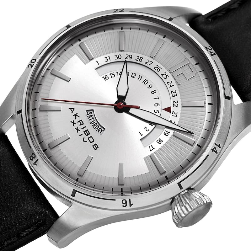 Akribos XXIV Men's Retrograde Multifunction Leather Silver-tone Strap Watch - silver