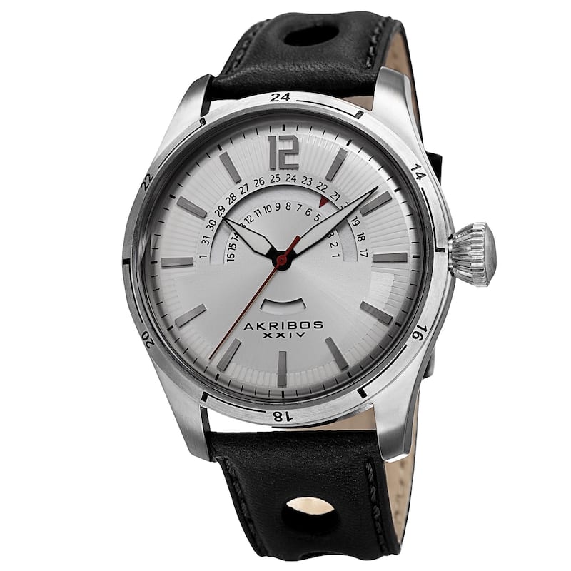 Akribos XXIV Men's Retrograde Multifunction Leather Silver-tone Strap Watch - silver