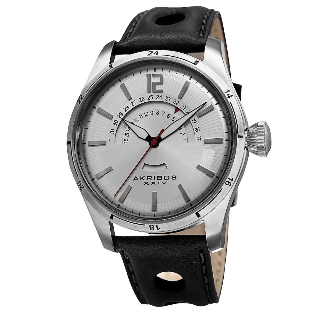 Akribos XXIV Men's Retrograde Multifunction Leather Silver-tone Strap Watch - silver