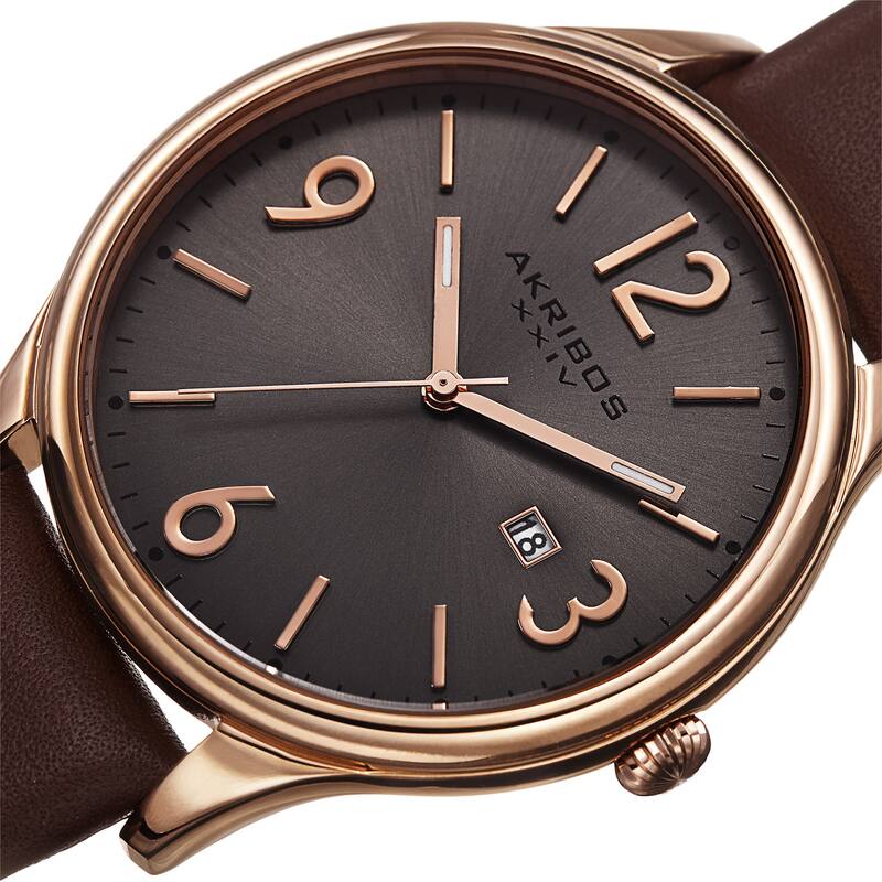 Akribos XXIV Men's Quartz Date Aperture Leather Rose-Tone Strap Watch - Gold