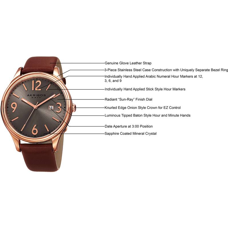 Akribos XXIV Men's Quartz Date Aperture Leather Rose-Tone Strap Watch - Gold
