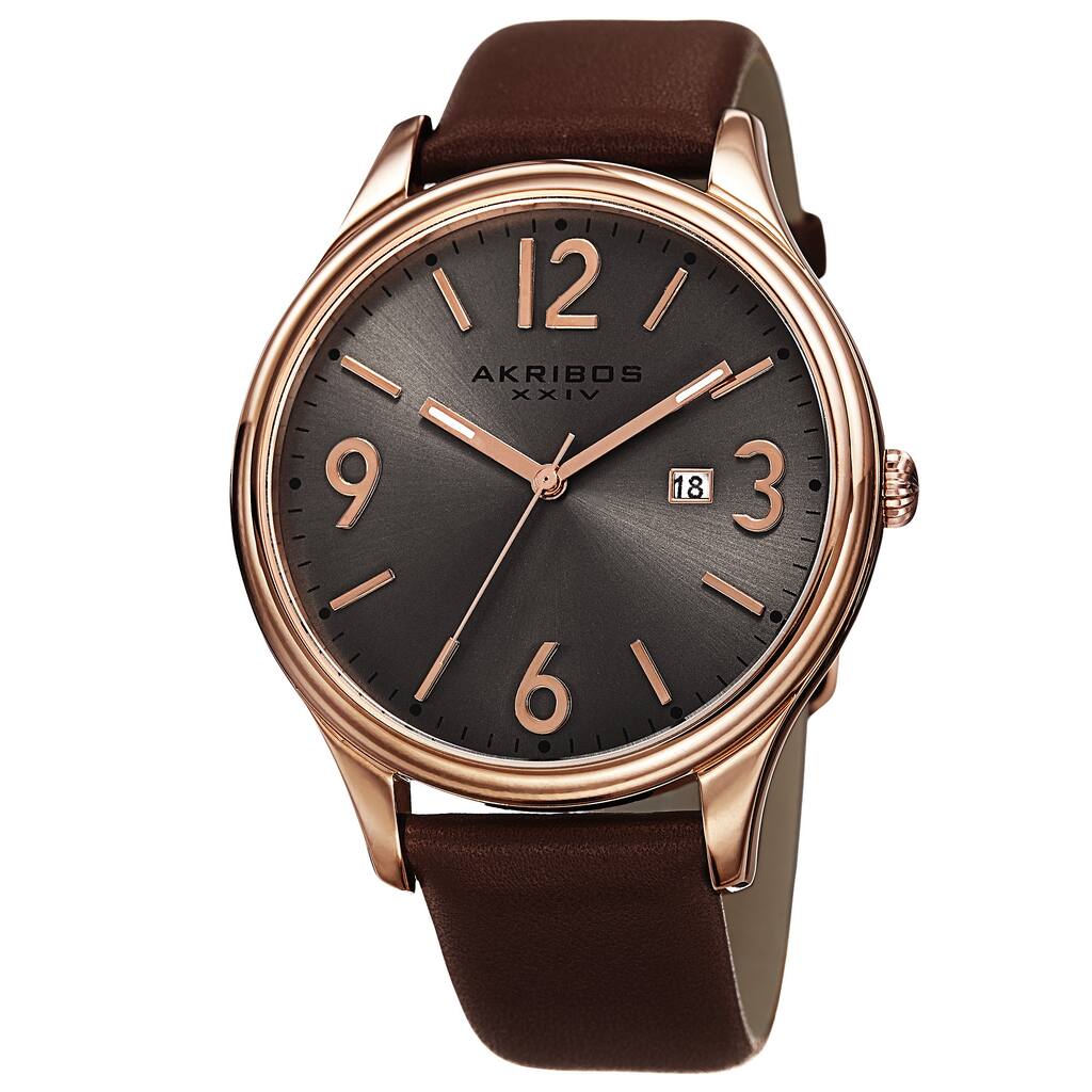 Akribos XXIV Men's Quartz Date Aperture Leather Rose-Tone Strap Watch - Gold