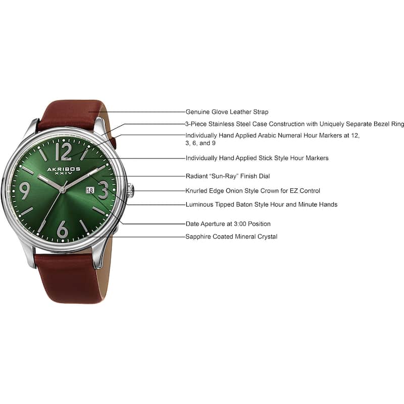 Akribos XXIV Men's Quartz Date Aperture Leather Green Strap Watch