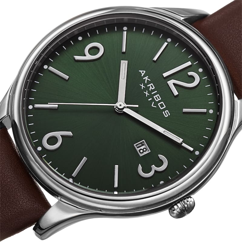 Akribos XXIV Men's Quartz Date Aperture Leather Green Strap Watch