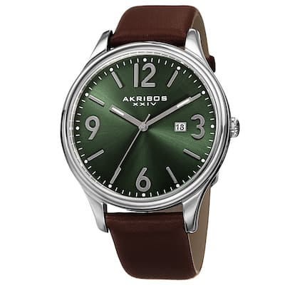 Akribos XXIV Men's Quartz Date Aperture Leather Green Strap Watch