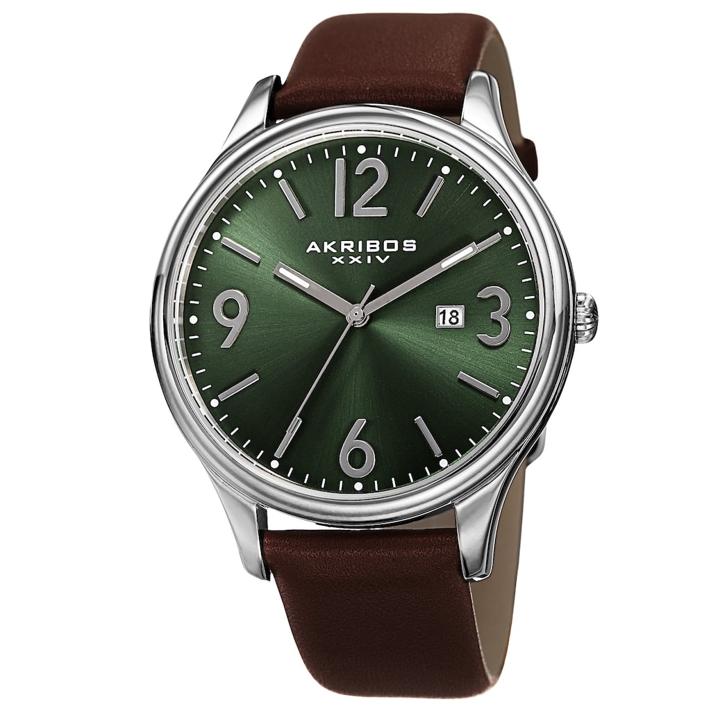 Akribos XXIV Men's Quartz Date Aperture Leather Green Strap Watch