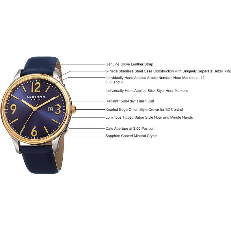 Akribos XXIV Men's Quartz Date Aperture Leather Blue Strap Watch