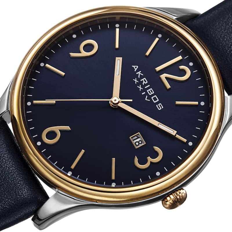 Akribos XXIV Men's Quartz Date Aperture Leather Blue Strap Watch