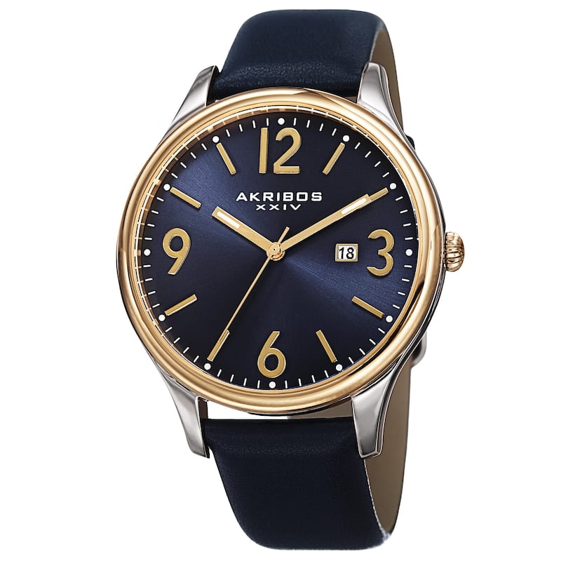 Akribos XXIV Men's Quartz Date Aperture Leather Blue Strap Watch