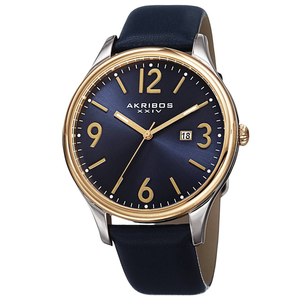 Akribos XXIV Men's Quartz Date Aperture Leather Blue Strap Watch