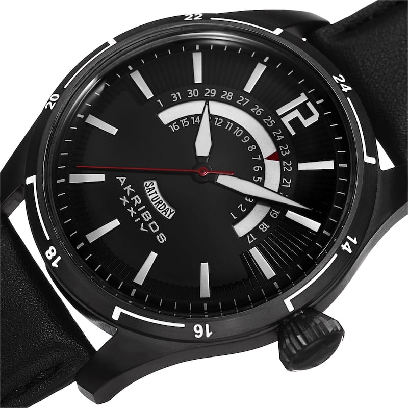 Akribos XXIV Men's Retrograde Multifunction Leather Black Strap Watch