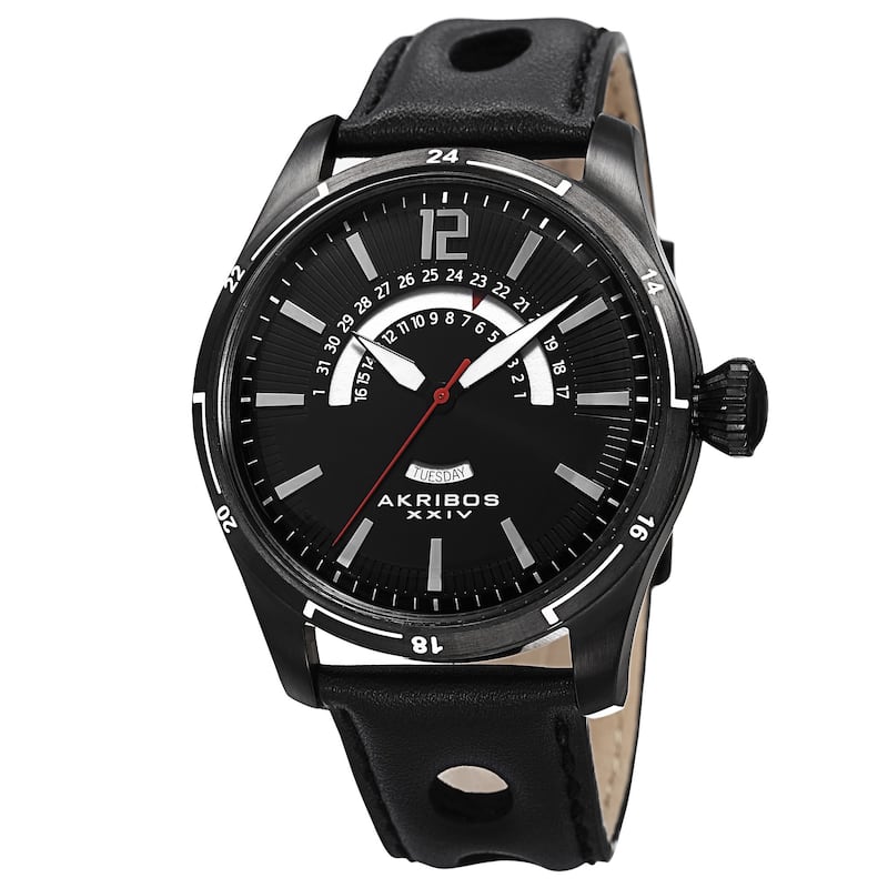 Akribos XXIV Men's Retrograde Multifunction Leather Black Strap Watch