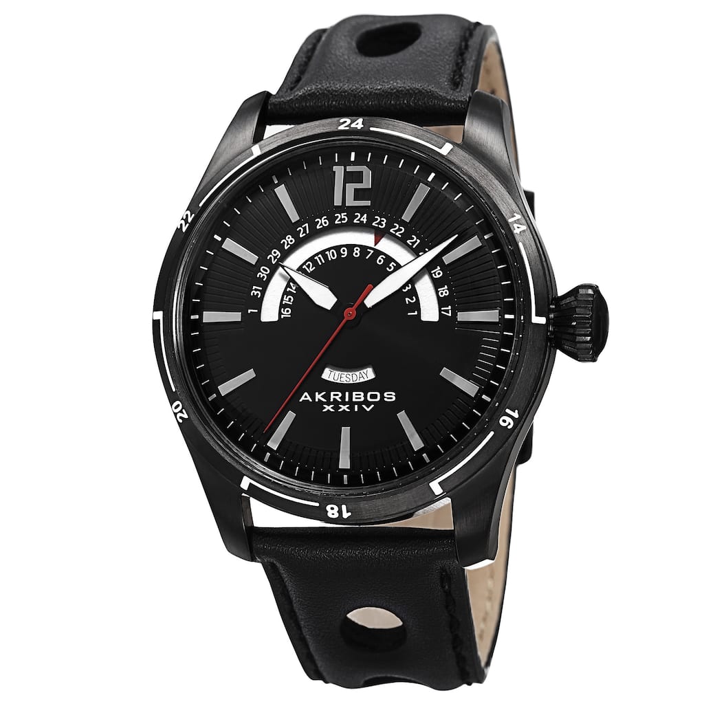 Akribos XXIV Men's Retrograde Multifunction Leather Black Strap Watch