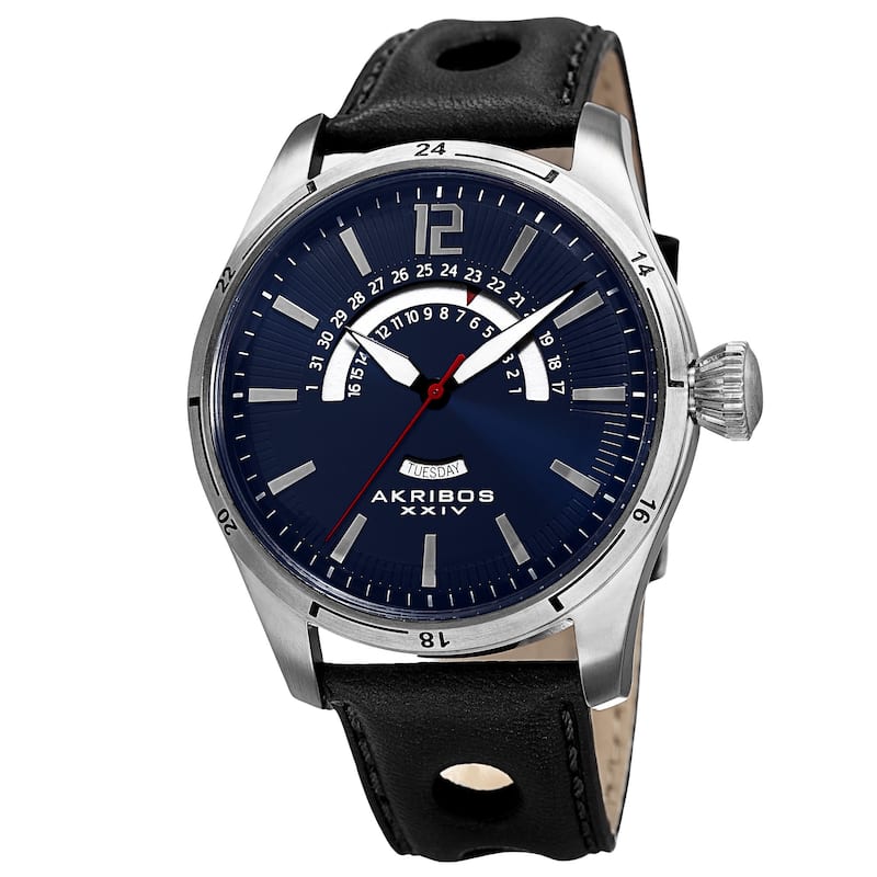 Akribos XXIV Men's Retrograde Multifunction Leather Blue Strap Watch