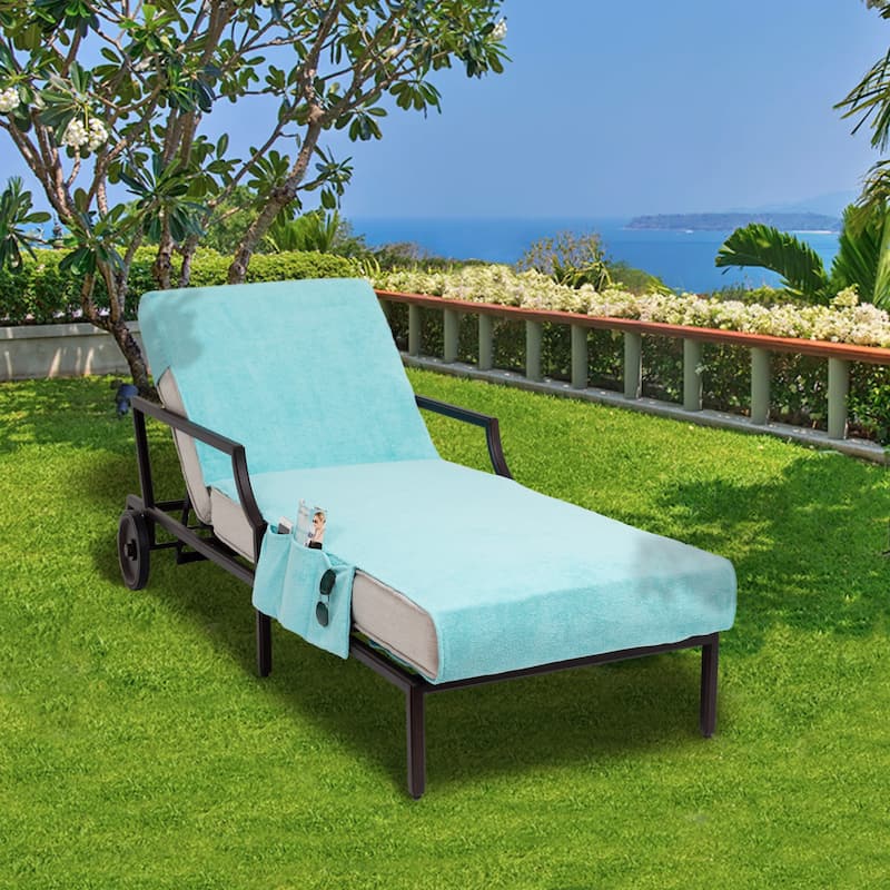 Authentic Turkish Cotton Aqua Green Towel Cover for Standard Size Chaise Lounge Chair with Side Pocket